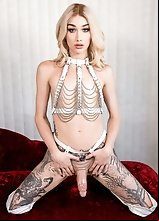 Watch tattooed tgirl Luna Love stroking her hard cock and fucking her tight ass with a glass dildo!